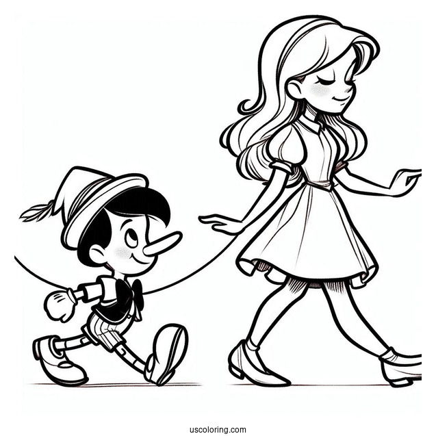 Easy Outline Of Pinocchio Coloring Page Walking For Kids