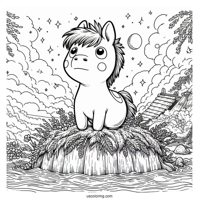 Studio Ghibli Coloring Page of Ponyo Peering Above The Ocean