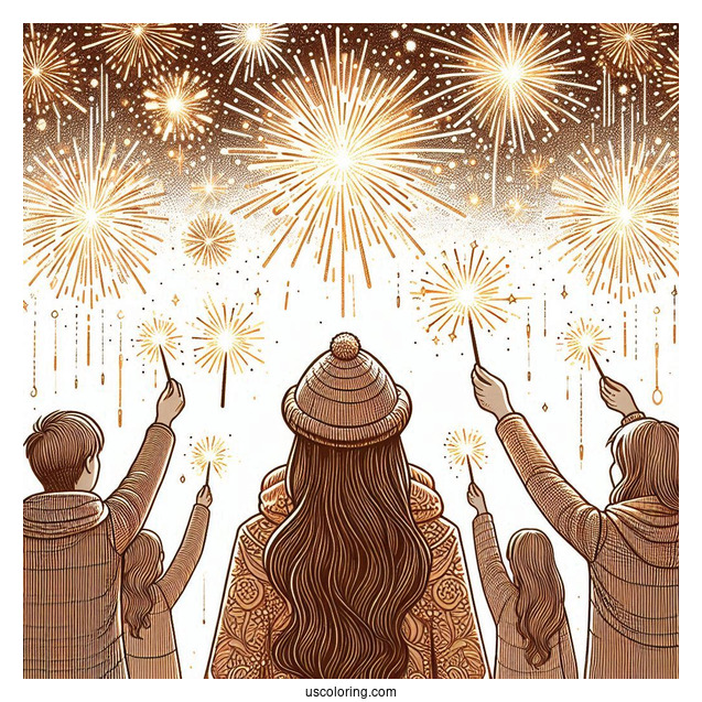 People Holding Up Sparklers To A Sky Filled With Fireworks On New Year Coloring Page