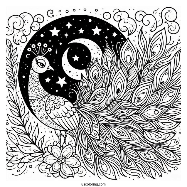 Peacock Coloring Page at Night with Crescent Moon and Stars