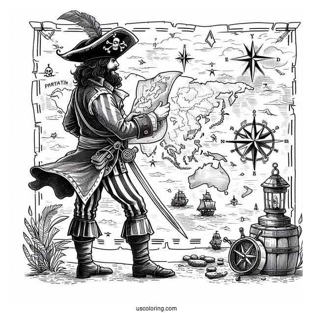 Realistic Pirate Coloring Page Map