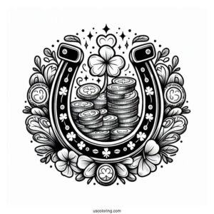 Lucky Horseshoe With Shamrocks And Coins To Color