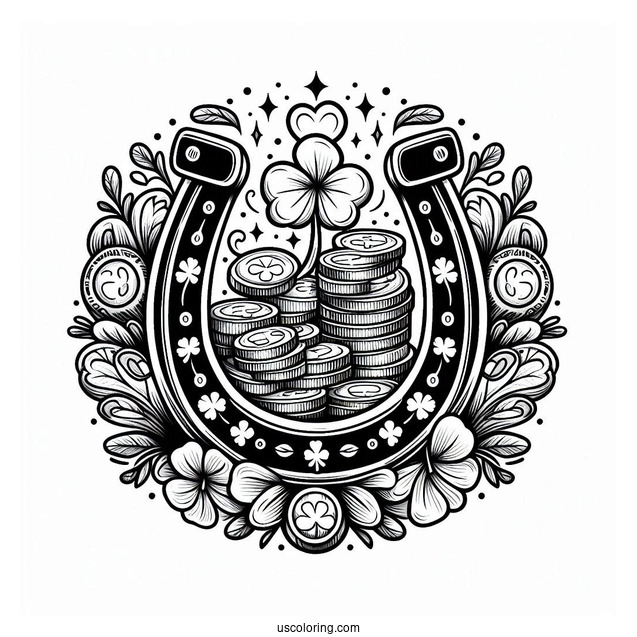 Lucky Horseshoe With Shamrocks And Coins To Color