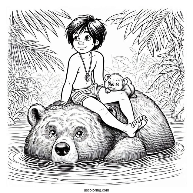 Jungle Book Coloring Page Of Mowgli Sitting On Top of Baloo While Floating In Water