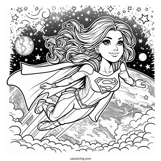 Comic Supergirl Coloring Page Flying Above Earth