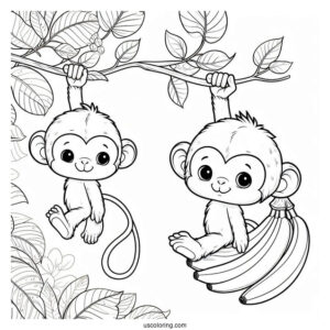 Little Monkey Hanging On A Vine Beside A Cool Banana Coloring Page