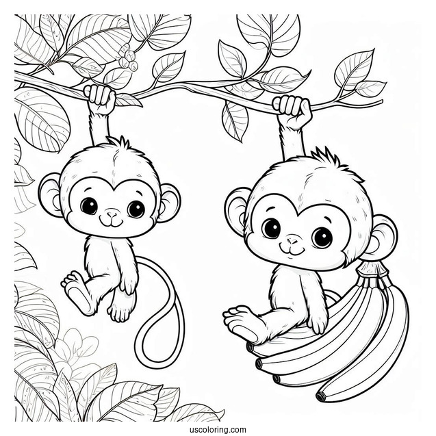 Little Monkey Hanging On A Vine Beside A Cool Banana Coloring Page
