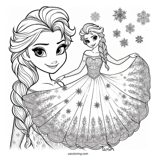 Elsa Stunning Dress With Snowflake Background Coloring Page