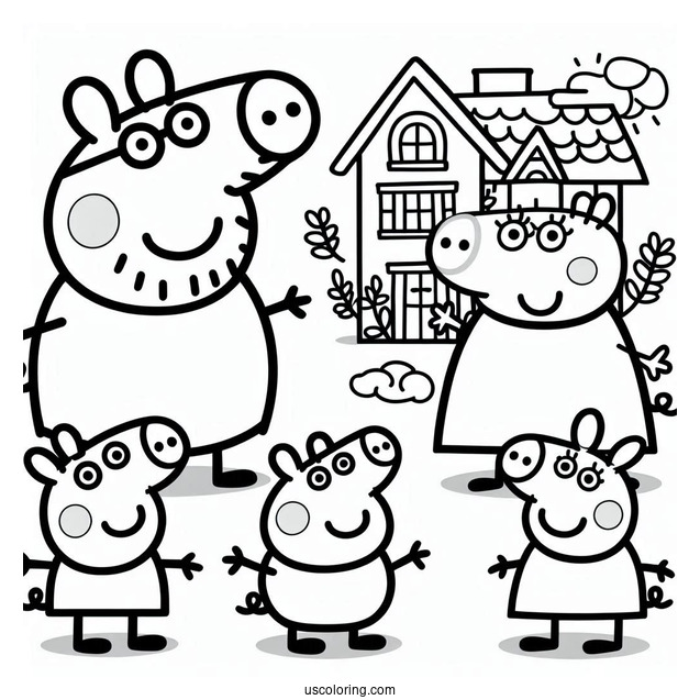 Peppa, Mummy, Daddy, And George Pig With House
