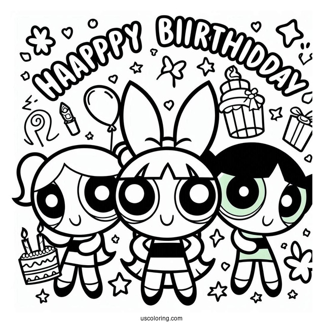 Happy Birthday Powerpuff Girls Coloring Page