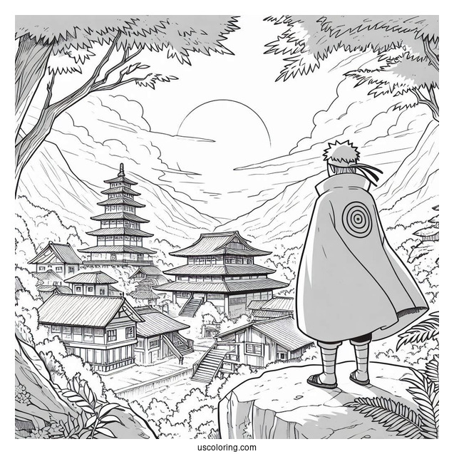 Hokage Naruto Coloring Page Overlooking Hidden Leaf Village