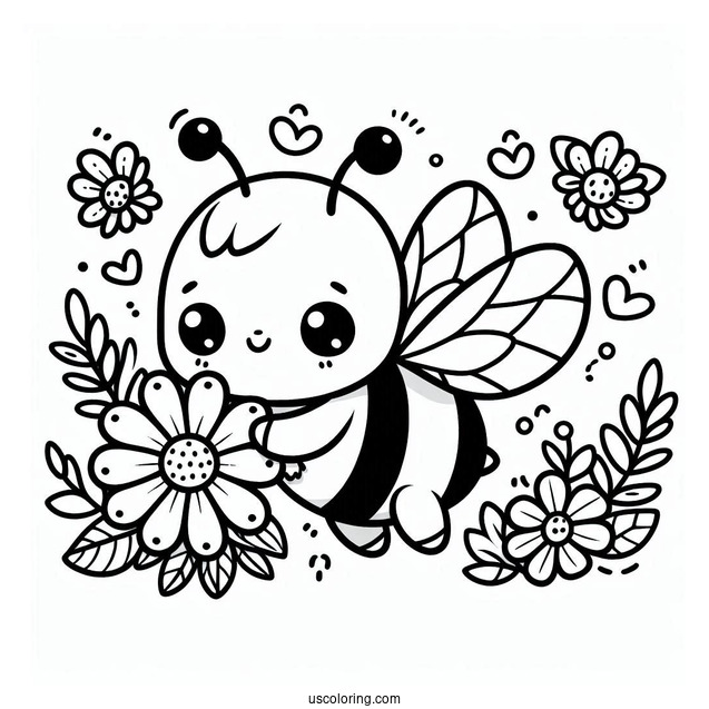 Kawaii Bee Coloring Page Collecting Flowers