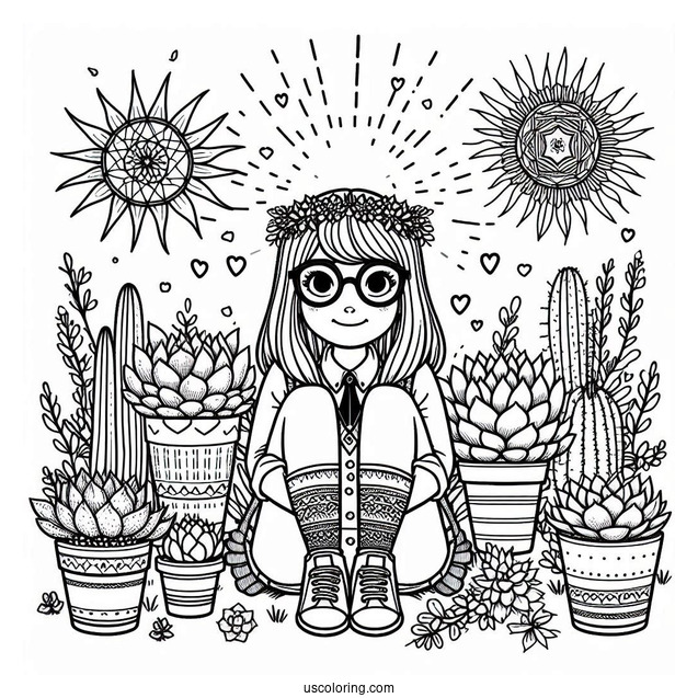 Nerdy Girl Surrounded By Succulents Coloring Page For Kids
