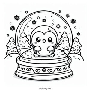 Kawaii Penguin Inside A Snow Globe Coloring Page For Preschoolers