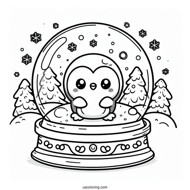 Kawaii Penguin Inside A Snow Globe Coloring Page For Preschoolers