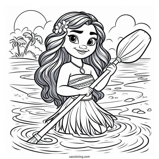 Moana Holding An Oar At The Beach Coloring Page For Kids