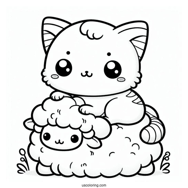 Kawaii Cat Sitting On A Fluffy Sheep Coloring Page