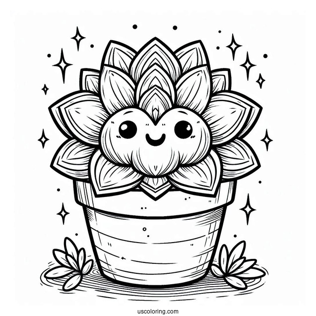 Smiling Succulent Coloring Page In A Pot
