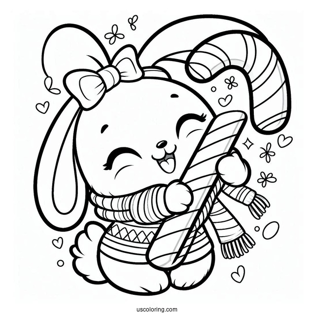 Excited Rabbit Hugging A Candy Cane Coloring Page In Winter For Kids