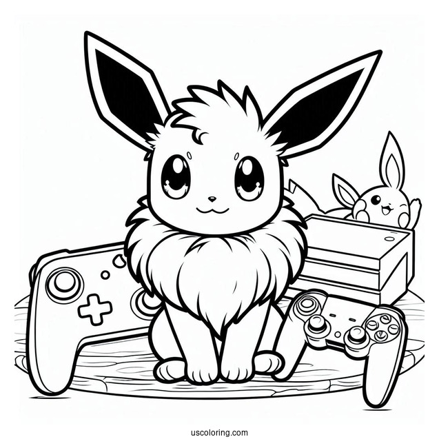 Baby Jolteon Coloring Page With Gaming Console In Background