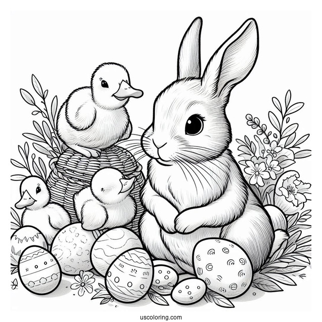 Peter Rabbit Coloring Page Surrounded By Ducklings And Easter Eggs