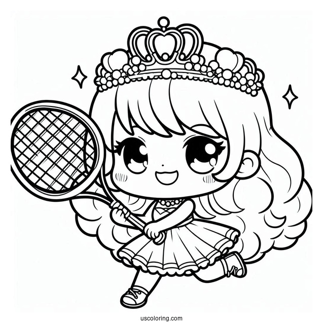Kawaii Chibi Princess Daisy Coloring Page Holding Tennis Racket For Preschoolers