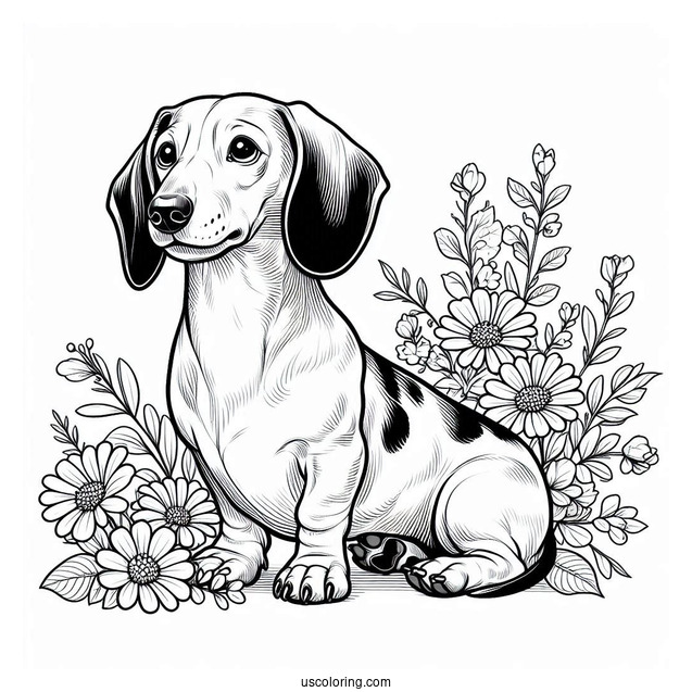 Dachshund Coloring Page Sitting With Flowers