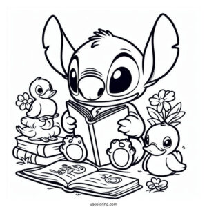 Stitch Reading a Book Do Duckings Coloring Page