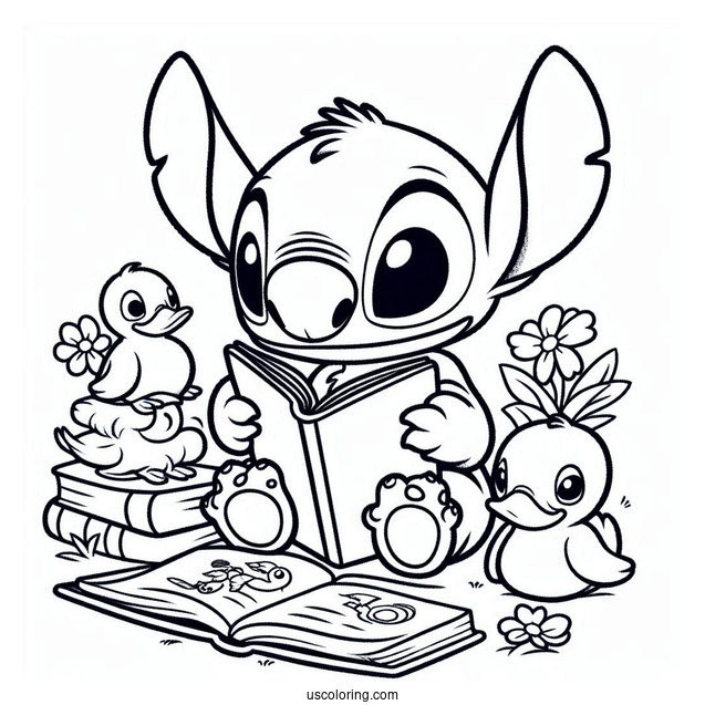 Stitch Reading a Book Do Duckings Coloring Page