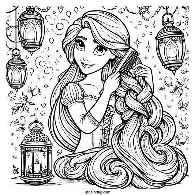 Rapunzel Brushing Hair With Lanterns In The Background