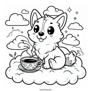 Cartoon Corgi Coloring Page In The Clouds Having Tea