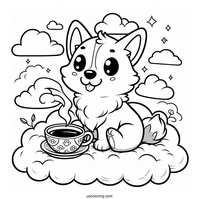 Cartoon Corgi Coloring Page In The Clouds Having Tea
