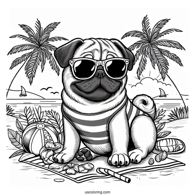 Cool Pug Coloring Page Wearing Sunglasses on a Tropical Vacation