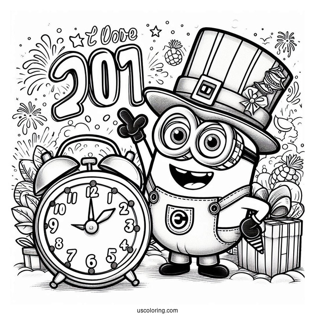 Cute Minion Waving While The Clock Strikes Twelve On New Year Coloring Page