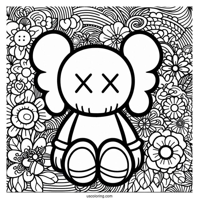 KAWS Coloring Page Companion With Retro Hippie Flower Background