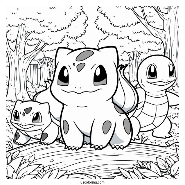 Bulbasaur Coloring Page With Charmander And Squirtle In Forest