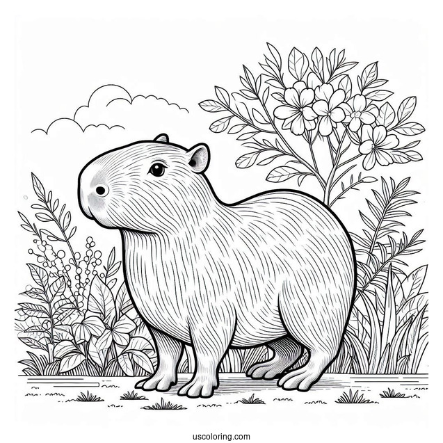 Large Capybara Coloring Page In The Garden