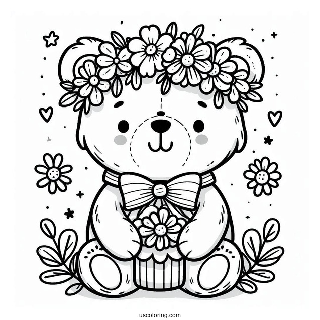 Easy Cartoon Bear With Flower Crown And Bow Spring Coloring Page