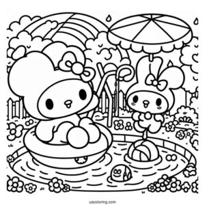 Sanrio Coloring Pages Of Keroppy And My Melody Playing In Pool Park