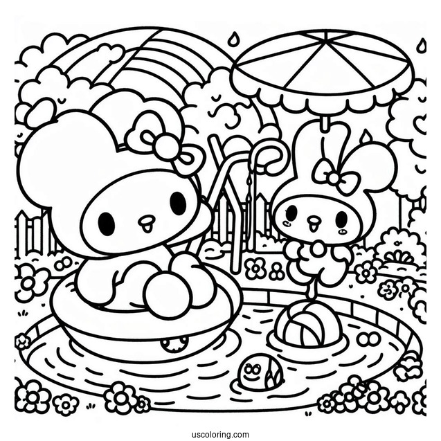 Sanrio Coloring Pages Of Keroppy And My Melody Playing In Pool Park