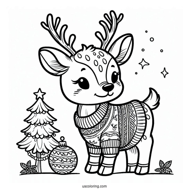 Coloring Page Of a Reindeer Wearing a Christmas Sweater