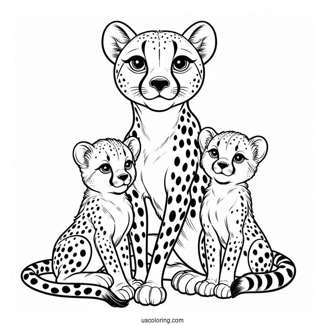 Mama Cheetah Coloring Page With Her Babies