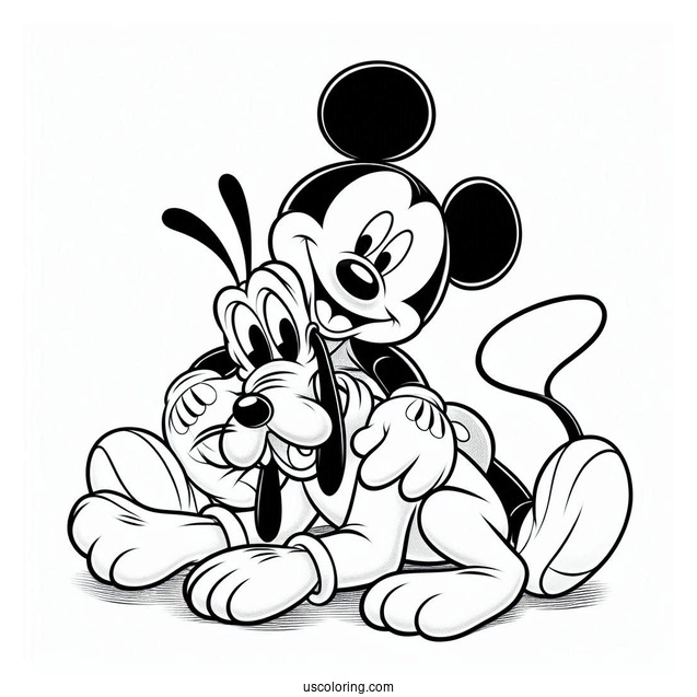 Mickey Mouse Hugging Pluto Coloring Page With Goofy In The Back