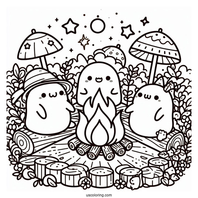 Sumikko Gurashi Coloring Page Of Backyard Bonfire With Minnikos