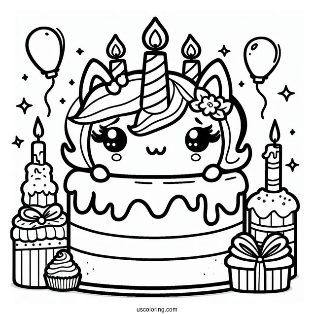 Kawaii Unicorn Cake With Candles Coloring In