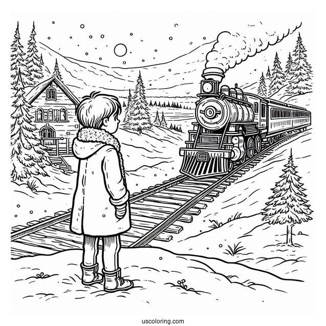 Polar Express Coloring Page Of Lonely Boy Standing In The Snow