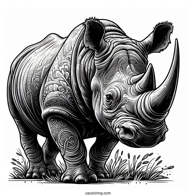 Detailed Black Rhino With Pointy Horns To Color