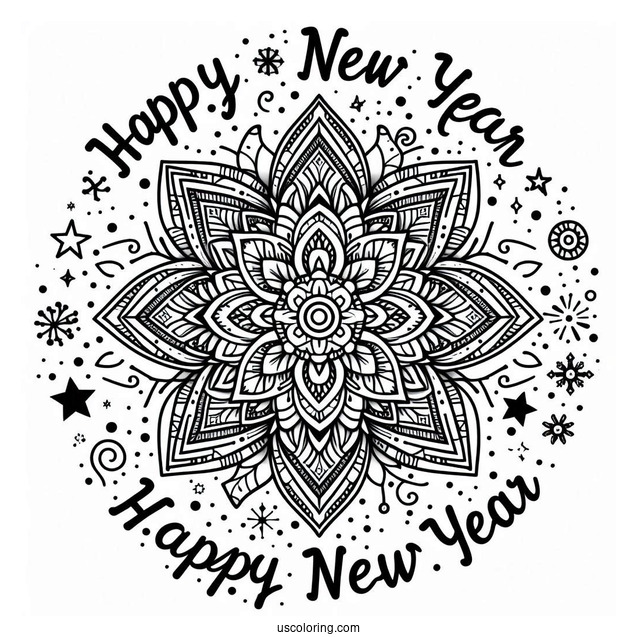 Happy New Year Coloring Page Of Words Below A Festive Mandala