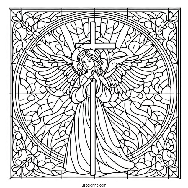 Angel Standing In Front Of A Cross Stained Glass Coloring Page