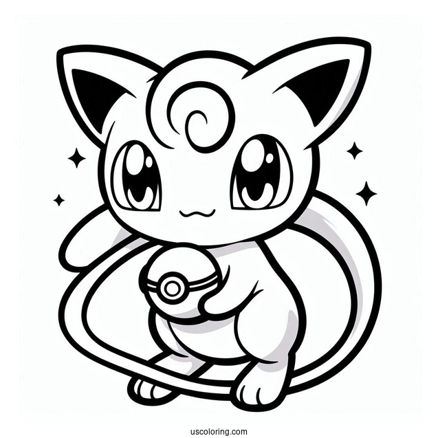 Easy Mew Coloring Page Holding Pokeball For Kids